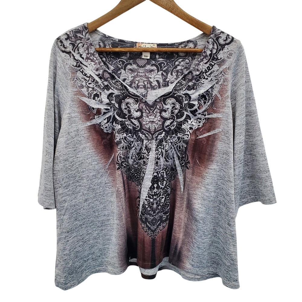 World Unity Womens 3/4 Sleeve Split Neck Printed Top Size 0X Gray Brown Black